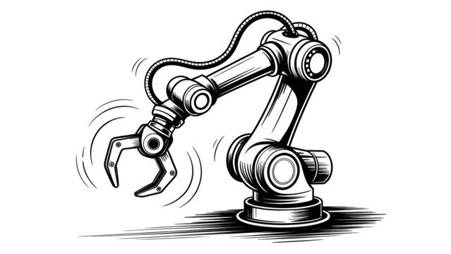 Black and white industrial robotic arm with gripper holding a gear Vector
