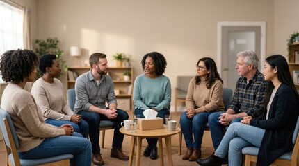 Fototapeta premium Group of diverse adults engaging in discussion at wellness meeting 