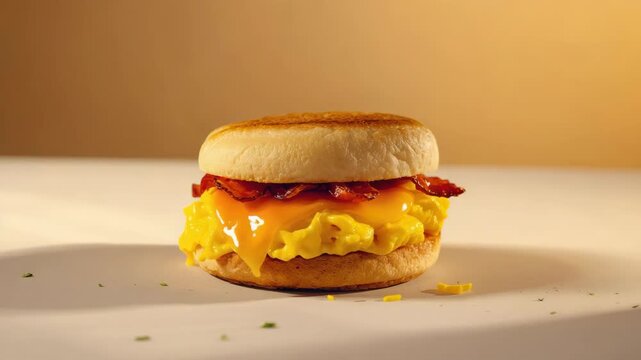 Fluffy scrambled egg, melted cheese bacon breakfast sandwich on toasted English muffin