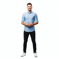 Fototapeta premium A young man in a blue shirt and black pants standing confidently