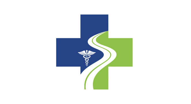 Medical cross logo with caduceus and winding road path