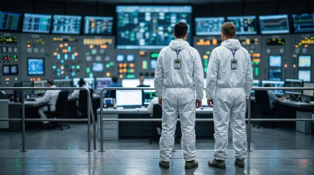 Two male technicians in white protective suits monitoring nuclear power plant control room systems