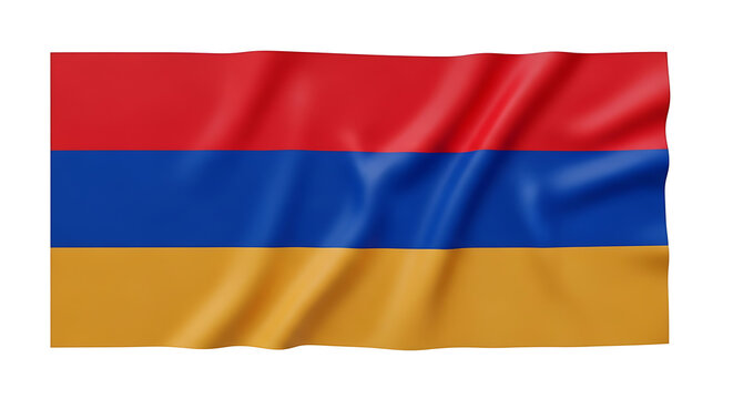 Waving Armenian flag, tricolor red, blue, and orange horizontal stripes, fabric texture on white background