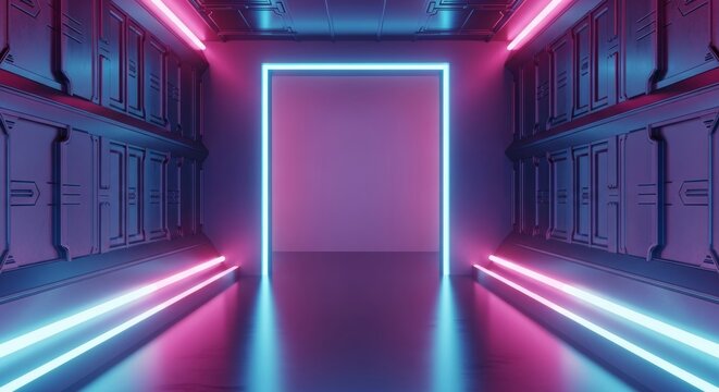 A futuristic narrow hallway features vibrant neon lights, glossy floors, and intricate metallic paneling with glowing blue and pink hues, glow, gleaming, scene