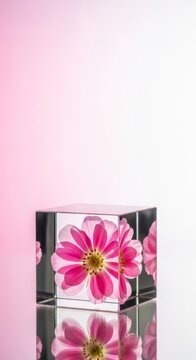A macro shot featuring a delicate pink flower preserved inside a clear glass cube, resting on a polished mirror surface with soft light, base, vibrant, glass