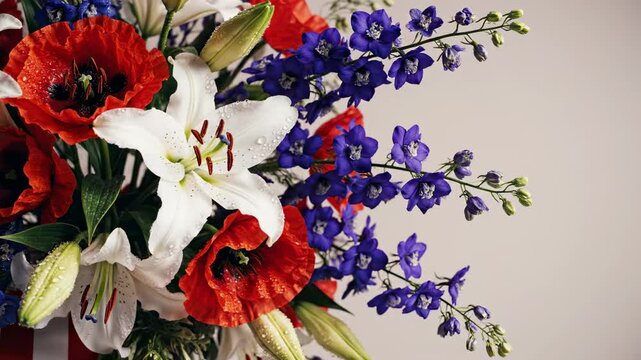 patriotic floral arrangement with red poppies, white lilies, and blue delphiniums, suggestive of national holidays and celebrations