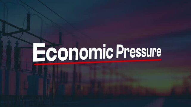 Economic Pressure Title Animation with Red Underline on Power Lines Background