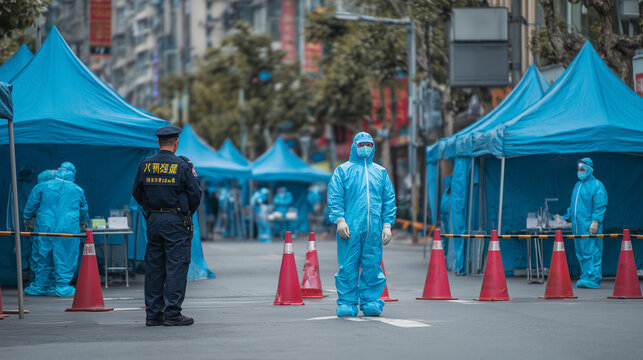 Health workers in full protective suits conducting outdoor testing during city lockdown, highlighting pandemic response and public healthcare safety measures