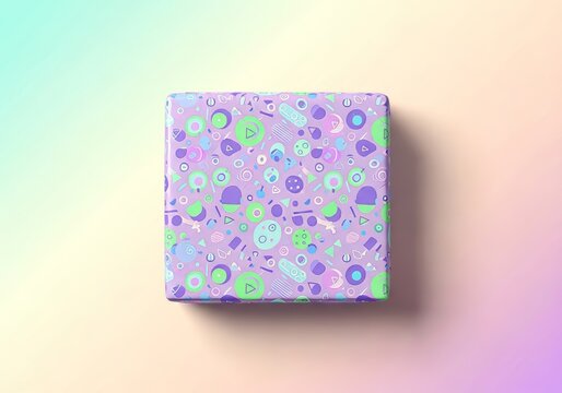 A minimalist flat illustration of a gift box wrapped in patterned paper with soft pastel colors, set against a clean background scene, visual, vector, gift box