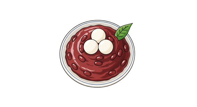 Bowl of Traditional Red Bean Soup with Mochi Rice Balls and Green Leaf Garnish, Asian Sweet Dessert Illustration isolated on White Background