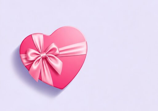 A minimalist flat illustration of a soft pink heart-shaped gift box with a silky ribbon, set against a pale lavender background with fine grain, gift box, modern, centered