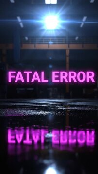 Dramatic Neon Pink Fatal Error Message Glowing in Dark Industrial Warehouse Reflected on Wet Floor