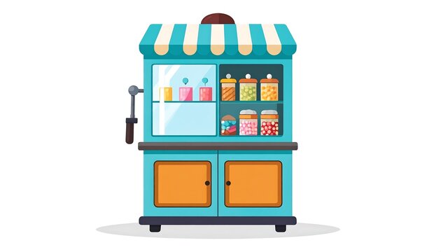A cartoon illustration of a vintage blue candy and beverage cart with colorful treats in glass jars and drinks
