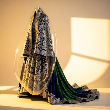 A stunning haute couture gown with intricate metallic embroidery draped elegantly over a translucent glass form in a golden sunlit studio, textile, craftsmanship, sharp