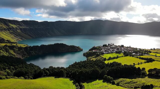 Aerial view of sete cidades lake and village in sao miguel island, azores, portugal
