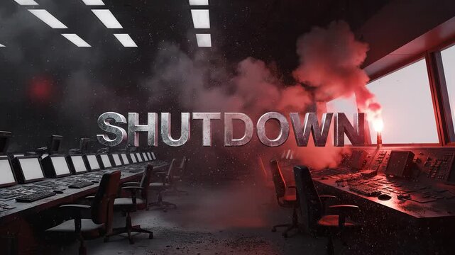 Dramatic Shutdown Scene in a Dark Control Room with Smoke and Red Flare