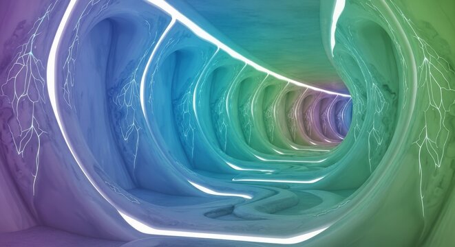 An alien corridor with walls of unknown materials emitting a soft organic glow along mysterious curved surfaces and textured walkways, shadow, texture, abstract