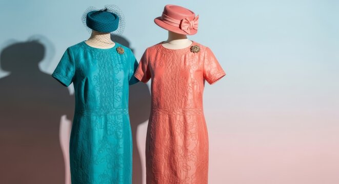Elegant vintage shift dresses and stylish pillbox hats displayed against a soft pastel backdrop featuring gentle shadows and retro vibes, lighting, elegant, ensemble