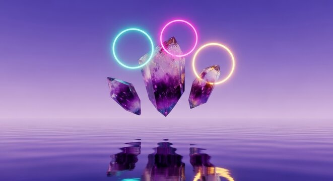Floating crystalline monoliths hover over a reflective violet ocean beneath glowing rings, creating a dreamlike and ethereal environment, neon, monoliths, fog