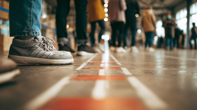 People standing in line with social distancing markers on the floor, demonstrating public safety measures and queue management during a pandemic