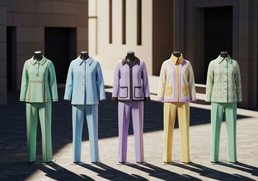 Mod style outfits in soft pastel shades line a retro city street, casting long cinematic shadows across vintage stone and pavement, textile, wardrobe, tones