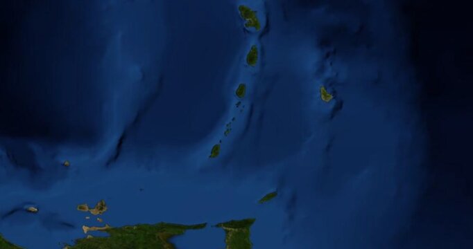 Union Island on Globe. Zoom into the island with Earth spinning in space. Locating position on high detail physical world map. Elements of this image furnished by NASA.