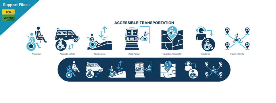 Accessible Transportation Concept with Inclusive Mobility, Public Transit and Disability Friendly Access Illustration. two color icon set