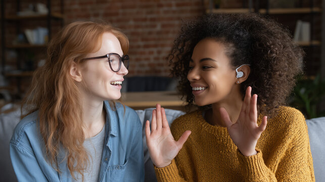 Two smiling women wearing hearing aids communicating with hand gestures indoors, symbolizing friendship, accessibility, hearing support, and positive connection.