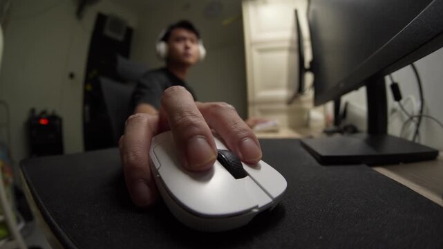 Close-up fisheye view of a moving a white gaming mouse rapidly back and forth in an Indonesian home office. Ideal for gaming, technology, and e-sports content