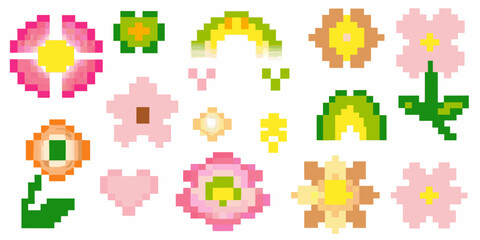 Naklejka premium pixel art flowers in retro 8 bit style on white background