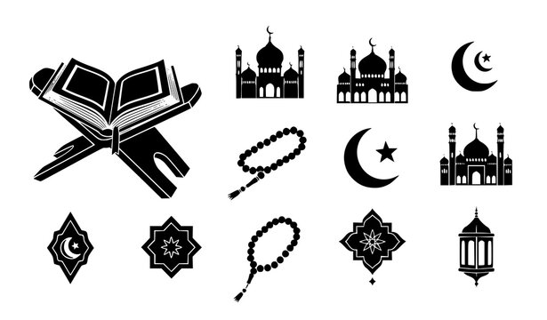 Islamic Quran and mosque silhouette icon set with prayer beads rehal stand and religious symbols vector collection