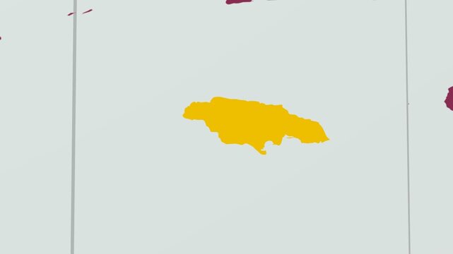 Jamaica map. Animated zoom into the country on the Globe in Pale Mint Dark Pink color palette. Country logo animation with round text and airplanes. Map with meridians, parallels. Neat video.