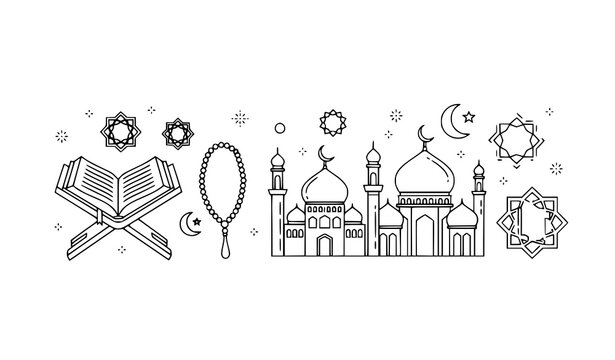 Minimal Islamic outline icons with Quran on stand mosque silhouette and prayer beads vector set