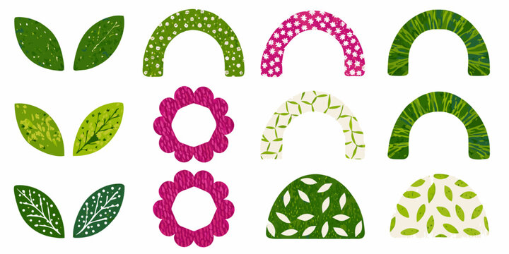 collection of floral shapes with green and pink patterns