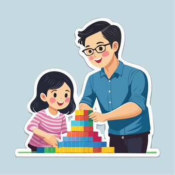 Father and Daughter Building Tower with Colorful Blocks