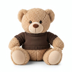 Obraz premium A cute teddy bear wearing a brown sweater on a white background