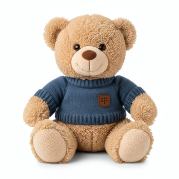 A cute teddy bear wearing a blue sweater on a white background