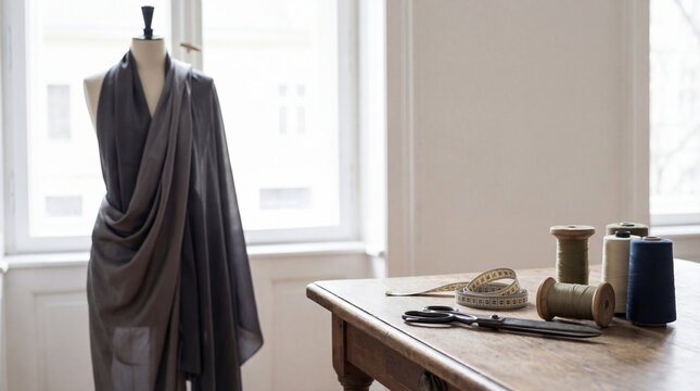 Fashion atelier silhouette with couture dress form silk drapes and tailoring tools evokes elegance