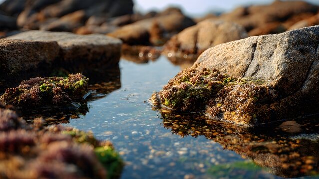 A detailed close-up shot of natural tide pools filled with clear water and marine life among weathered rocks on a scenic coastal beach shore.
