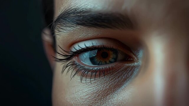 Vibrant hazel eye close up with textured skin, hazel eye and eyelash detail, eyebrow frame