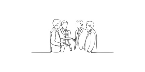 Obraz premium A minimalist line drawing of four businessmen in a meeting with one holding a tray