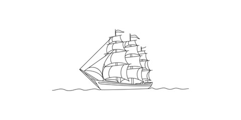 A black line drawing of a sailing ship on the water with multiple sails © Sujata