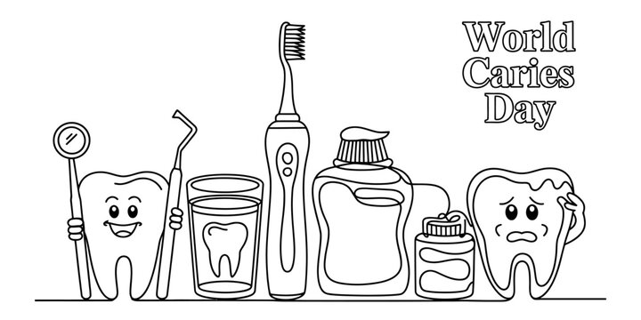 World caries day coloring page with happy and sad teeth characters dental tools toothbrush toothpaste and mouthwash in a simple black and white line art Vector, illustration