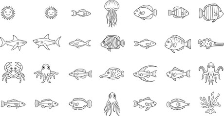 Black and White Ocean Sea Creature Collection Set Featuring Fish, Shark, Jellyfish, Crab, Octopus and Coral in Outline Sketch Vector Design for Marine and Aquatic Concepts © kolpona