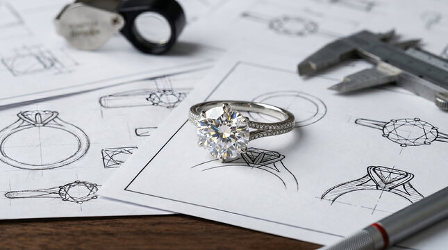 Diamond engagement ring on paper, with jewelry design sketches, lying on wooden desk, jewelry designer studio, product photography