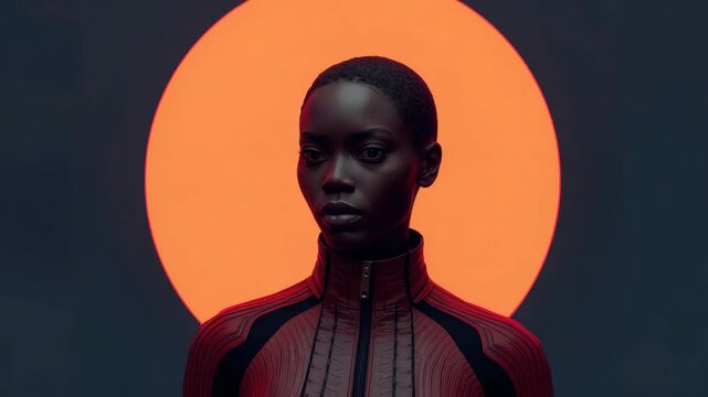 Dark skin woman portrait short hair circle backdrop glowing background cinematic futuristic jacket