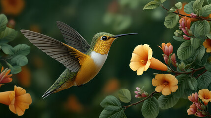 Obraz premium Golden hummingbird with orange flower and green leaf in tropical garden scene, vivid and photorealistic nature wildlife illustration