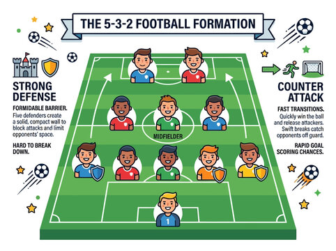 Illustrative guide to the 5-3-2 football formation strategy, showcasing strong defense and counter-attack tactics on a green field.