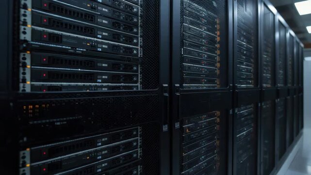 Server rack corridor with blinking status lights cool blue lighting data center network equipment