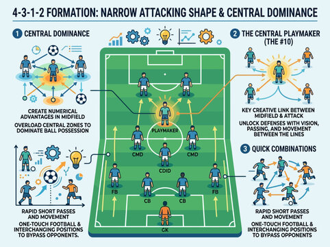 Infographic of 4-3-1-2 football formation strategy: central dominance, playmaker, quick combinations on a green pitch.